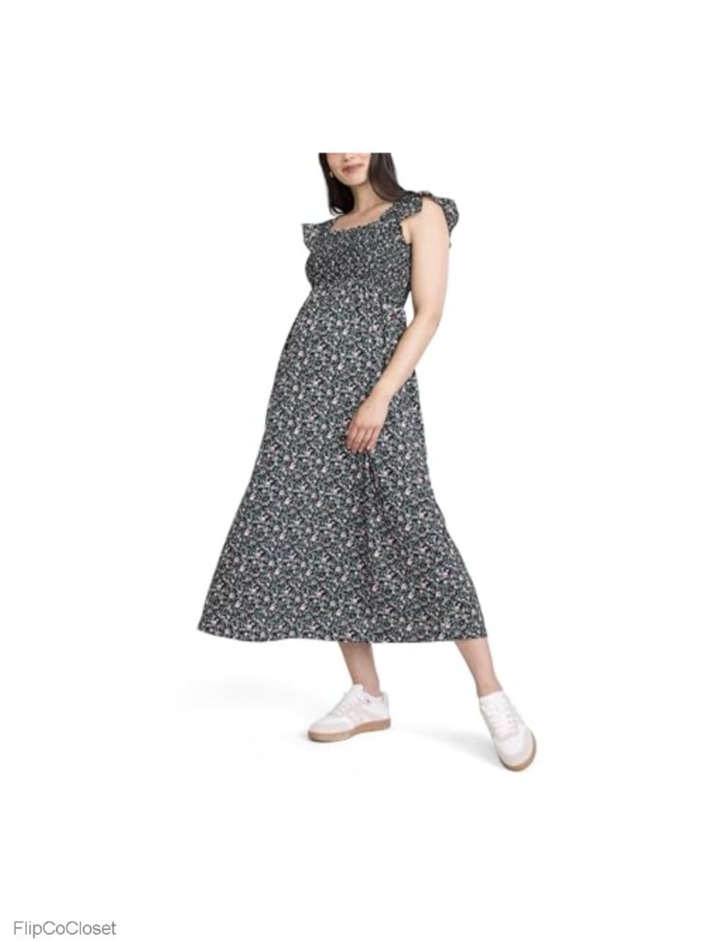 Sleeveless Ruffle Shoulder Smocked Maxi Pregnancy Dress